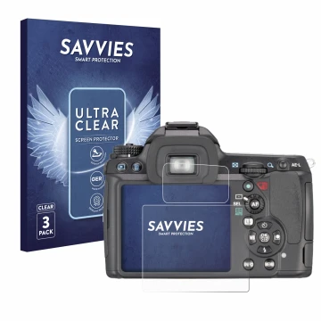 Front side of a product packaging with the brand logo Savvies. Next to it is the device Pentax K7, K-7 shown with the correspo