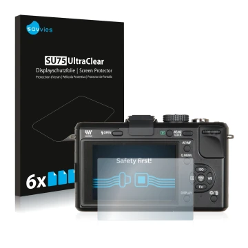 Front side of a product packaging with the brand logo Savvies. Next to it is the device Panasonic Lumix DMC-GF1 shown with the