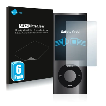 Front side of a product packaging with the brand logo Savvies. Next to it is the device Apple iPod nano 2009 (5th. Gen.) shown