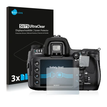 Front side of a product packaging with the brand logo Savvies. Next to it is the device Sony Alpha 850 (DSLR-A850) shown with 