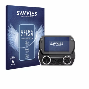 Front side of a product packaging with the brand logo Savvies. Next to it is the device Sony PSP Go shown with the correspondi
