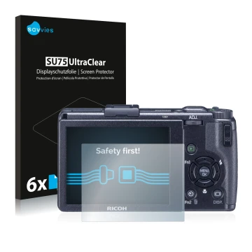 Front side of a product packaging with the brand logo Savvies. Next to it is the device Ricoh GR Digital III (2009-2011) shown