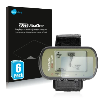 Front side of a product packaging with the brand logo Savvies. Next to it is the device Garmin Foretrex 401 shown with the cor