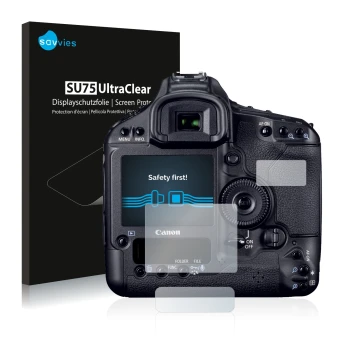 Front side of a product packaging with the brand logo Savvies. Next to it is the device Canon EOS 1D Mark IV shown with the co