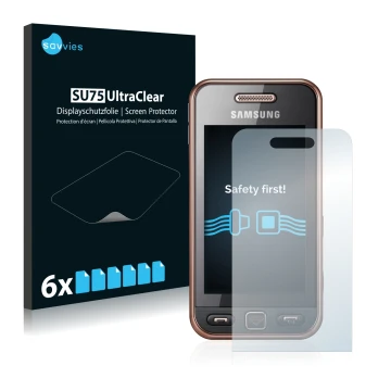 Front side of a product packaging with the brand logo Savvies. Next to it is the device Samsung GT-S5230 shown with the corres
