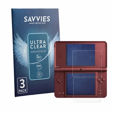 Front side of a product packaging with the brand logo Savvies. Next to it is the device Nintendo DSi XL shown with the corresp