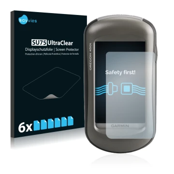 Front side of a product packaging with the brand logo Savvies. Next to it is the device Garmin Oregon 450 shown with the corre