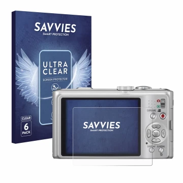 Front side of a product packaging with the brand logo Savvies. Next to it is the device Panasonic Lumix DMC-TZ10 shown with th