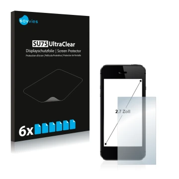 Front side of a product packaging with the brand logo Savvies. Next to it is the device shown with the corresponding screen pr