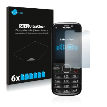 Front side of a product packaging with the brand logo Savvies. Next to it is the device Nokia C5-00 shown with the correspondi