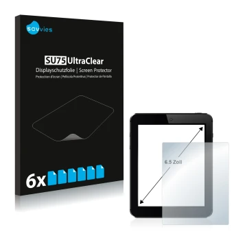 Front side of a product packaging with the brand logo Savvies. Next to it is the device shown with the corresponding screen pr