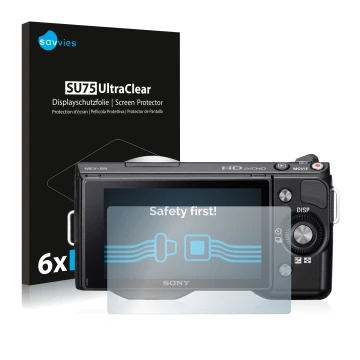 Front side of a product packaging with the brand logo Savvies. Next to it is the device Sony Alpha NEX-5 shown with the corres