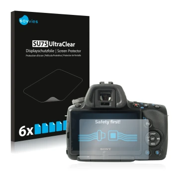 Front side of a product packaging with the brand logo Savvies. Next to it is the device Sony Alpha 55 (SLT-A55V) shown with th