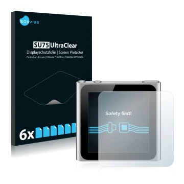 Front side of a product packaging with the brand logo Savvies. Next to it is the device Apple iPod nano 2010 (6th. Gen.) shown