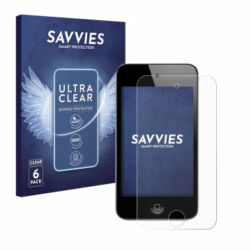 Front side of a product packaging with the brand logo Savvies. Next to it is the device Apple iPod Touch (4th Gen.) shown with