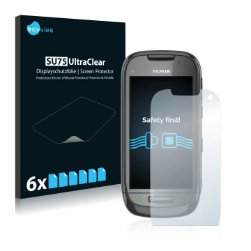 Front side of a product packaging with the brand logo Savvies. Next to it is the device Nokia C7-00 shown with the correspondi