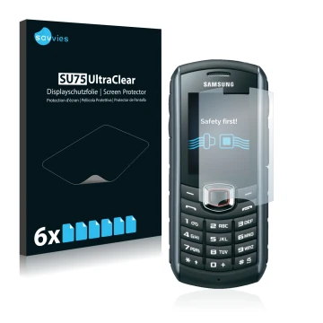 Front side of a product packaging with the brand logo Savvies. Next to it is the device Samsung B2710 shown with the correspon