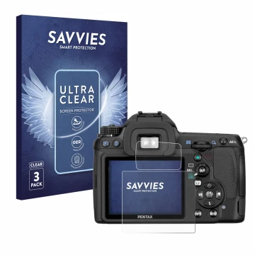 Front side of a product packaging with the brand logo Savvies. Next to it is the device Pentax K5, K-5 shown with the correspo