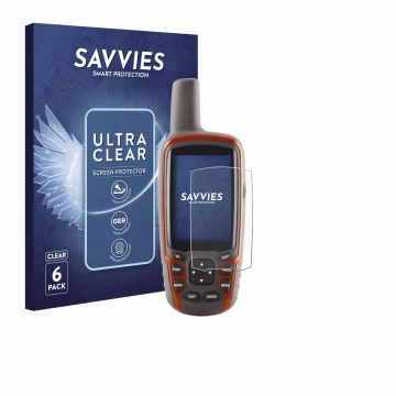 Front side of a product packaging with the brand logo Savvies. Next to it is the device Garmin GPSMAP 62s shown with the corre