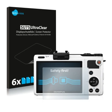 Front side of a product packaging with the brand logo Savvies. Next to it is the device Olympus XZ-1 shown with the correspond