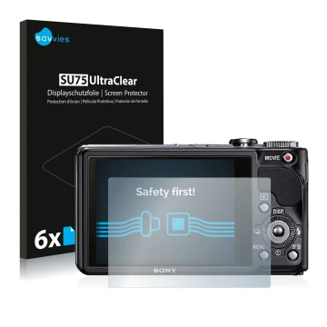 Front side of a product packaging with the brand logo Savvies. Next to it is the device Sony Cyber-Shot DSC-HX9V shown with th