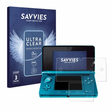 Front side of a product packaging with the brand logo Savvies. Next to it is the device Nintendo 3DS shown with the correspond