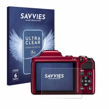 Front side of a product packaging with the brand logo Savvies. Next to it is the device Nikon Coolpix L120 shown with the corr