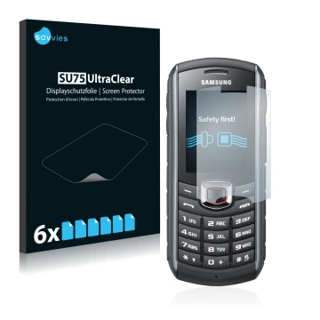 Front side of a product packaging with the brand logo Savvies. Next to it is the device Samsung GT-B2710 shown with the corres