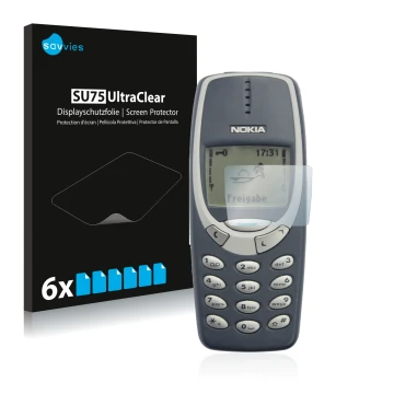 Front side of a product packaging with the brand logo Savvies. Next to it is the device Nokia 3310 2011 shown with the corresp