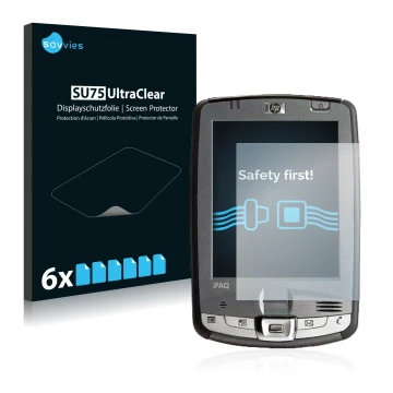 Front side of a product packaging with the brand logo Savvies. Next to it is the device HP iPAQ hx2110 shown with the correspo