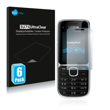Front side of a product packaging with the brand logo Savvies. Next to it is the device Nokia C2-01 shown with the correspondi
