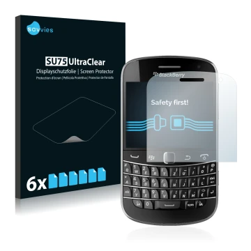 Front side of a product packaging with the brand logo Savvies. Next to it is the device RIM BlackBerry Bold Touch 9900 shown w