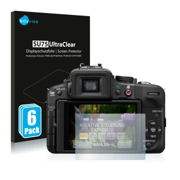 Front side of a product packaging with the brand logo Savvies. Next to it is the device Panasonic Lumix DMC-G3 shown with the 