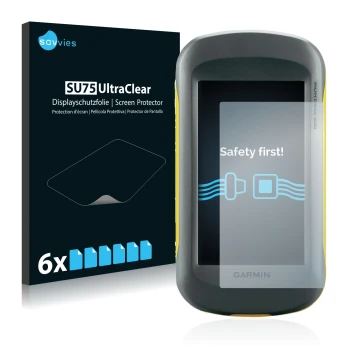 Front side of a product packaging with the brand logo Savvies. Next to it is the device Garmin Montana 600 shown with the corr