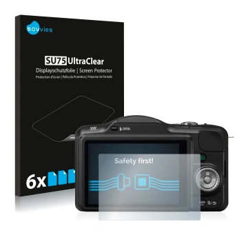 Front side of a product packaging with the brand logo Savvies. Next to it is the device Panasonic Lumix DMC-GF3 shown with the