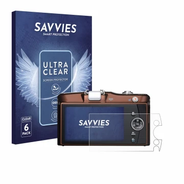 Front side of a product packaging with the brand logo Savvies. Next to it is the device Olympus PEN E-PM1 shown with the corre