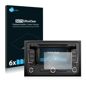 Front side of a product packaging with the brand logo Savvies. Next to it is the device Volkswagen Passat B7 2010-2015 RNS 315