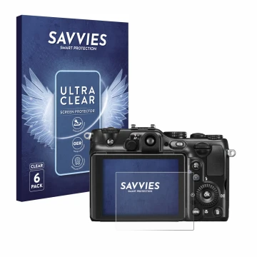 Front side of a product packaging with the brand logo Savvies. Next to it is the device Nikon Coolpix P7100 shown with the cor