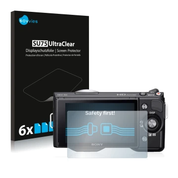 Front side of a product packaging with the brand logo Savvies. Next to it is the device Sony Alpha NEX-5N shown with the corre