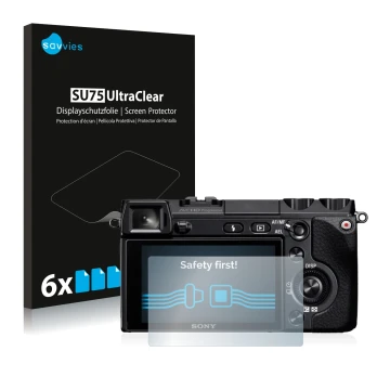 Front side of a product packaging with the brand logo Savvies. Next to it is the device Sony Alpha NEX-7 shown with the corres