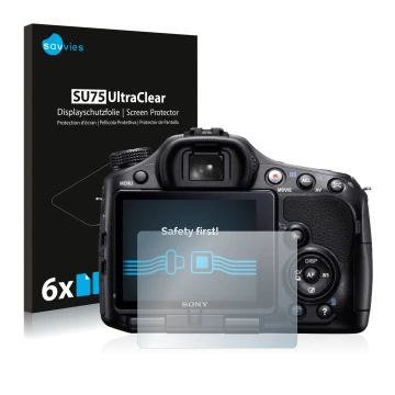 Front side of a product packaging with the brand logo Savvies. Next to it is the device Sony Alpha 65V (SLT-A65V) shown with t