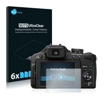 Front side of a product packaging with the brand logo Savvies. Next to it is the device Panasonic Lumix DMC-FZ150 shown with t
