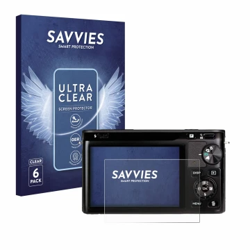 Front side of a product packaging with the brand logo Savvies. Next to it is the device Nikon 1 J1 shown with the correspondin