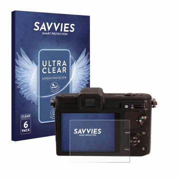 Front side of a product packaging with the brand logo Savvies. Next to it is the device Nikon 1 V1 shown with the correspondin