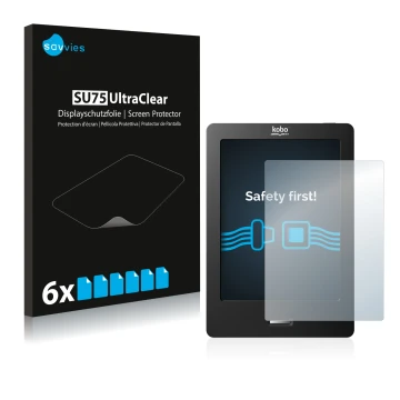 Front side of a product packaging with the brand logo Savvies. Next to it is the device Kobo eReader Touch shown with the corr