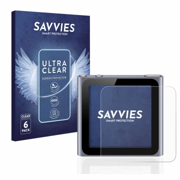 Front side of a product packaging with the brand logo Savvies. Next to it is the device Apple iPod nano 2011 (6th. Gen.) shown