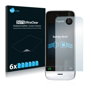 Front side of a product packaging with the brand logo Savvies. Next to it is the device Gigaset SL910 (circular cutout) shown 