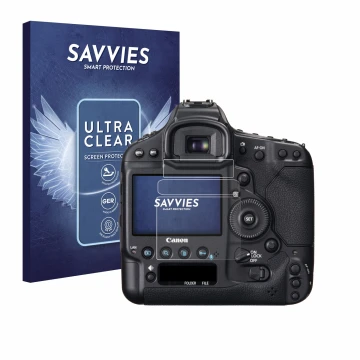 Front side of a product packaging with the brand logo Savvies. Next to it is the device Canon EOS 1D X shown with the correspo