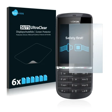Front side of a product packaging with the brand logo Savvies. Next to it is the device Nokia Asha 300 shown with the correspo