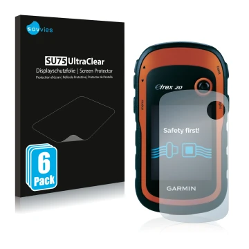 Front side of a product packaging with the brand logo Savvies. Next to it is the device Garmin eTrex 20 shown with the corresp